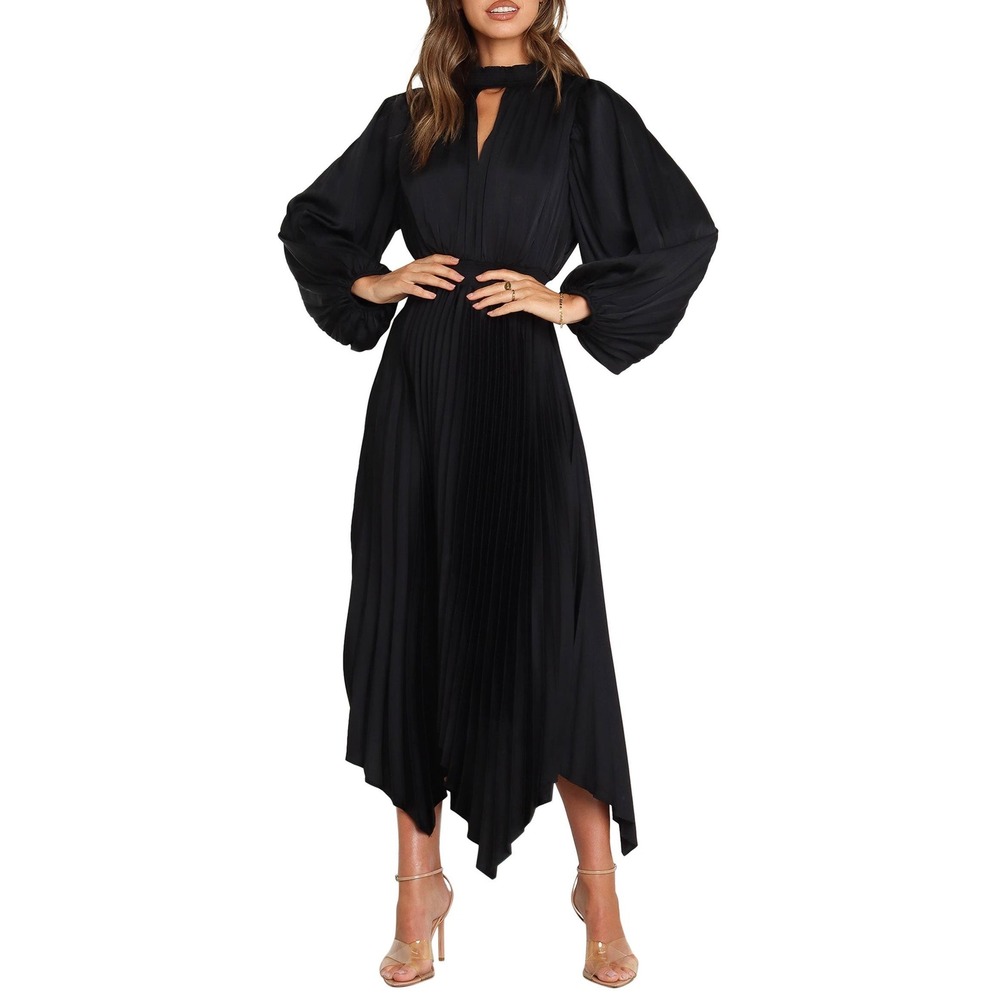 Petal and Pup Black Pleated Midi Dress Balloon Sleeve Handkerchief Hem US 8
